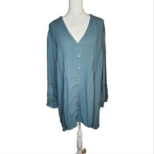 NEW J Jill Crinkled Embroidered Boho Button Front Top Mineral Blue Size XL